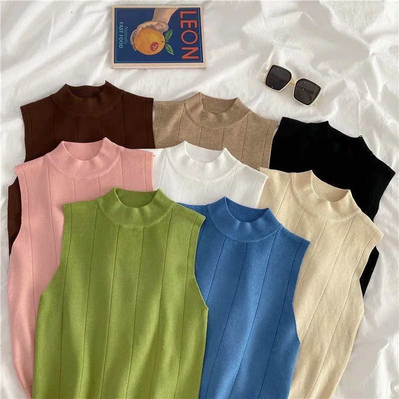 Summer Spring Tank Tops Women Sleeveless Knitted T-Shirts Crop Tops Female Elastic Slim Casual Vests Pullover Camis