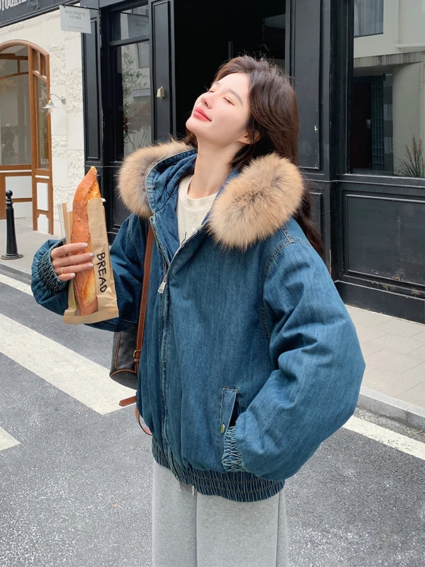 여성용 오르트 두 다운 재킷 캐주얼 루즈핏 따뜻한 데님 코트 리얼 퍼 칼라 겨울 아우터웨어 지퍼 케트