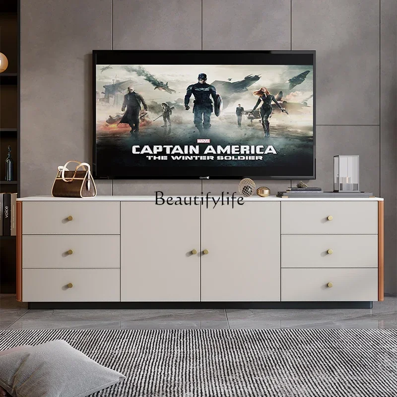 

01Saddle leather high TV cabinet against the wall solid wood storage bedroom bedside TV cabinet