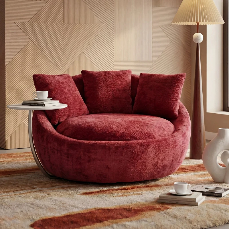 

Italian Style Round Swivel Accent Chair Wine Red Velvet Single Sofa with Side Table for Living Room & Balcony home furniture