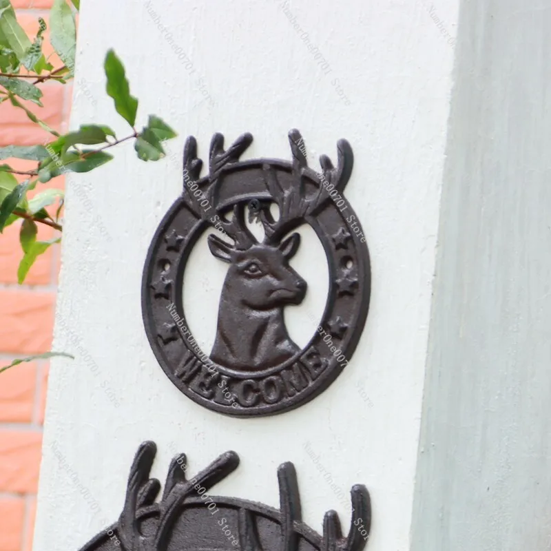Cast Iron Deer Head Wall Decor, Vintage Rustic Antler Plaque for Porch, Welcome Sign, Shop & Home Wall Art