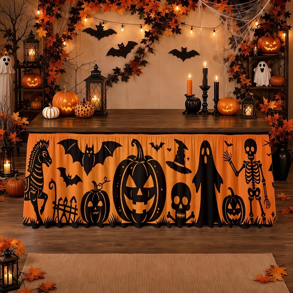 Halloween table skirt, in orange and black, with terrifying pumpkins, for the autumn October party decorationxzj