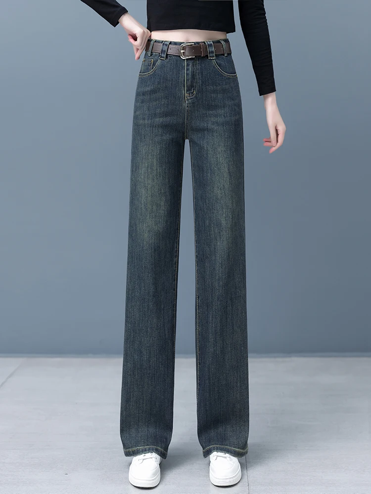 

Retro Straight Leg Fleece Lined Denim Jeans Women's High Waist Slim Fit Wide Leg Pants Autumn Winter New Style Cement Grey