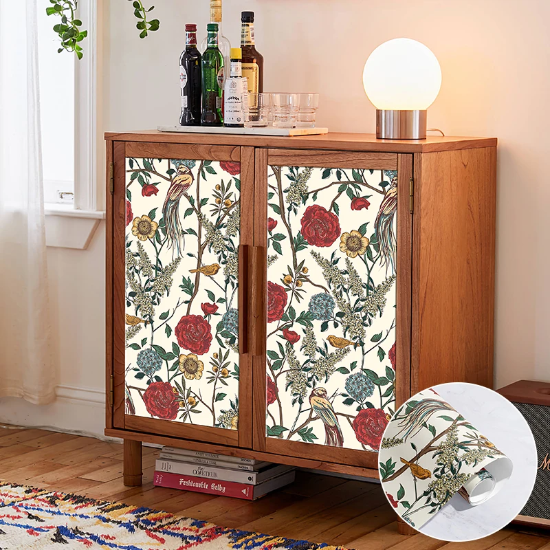 Vintage Red Floral Peel And Stick Wallpaper Refrigerator Furniture Flower PVC Wallsticker Retro Leaf Peel And Stick Wallpaper