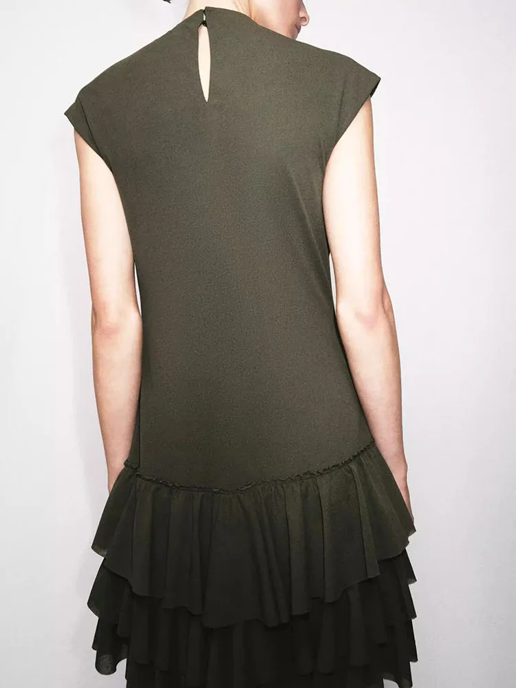 

Summer New Women's Slim Fit ort Sve round Ne Layered Decoration ort Dr Faionable Ethnic Sle Stage Costume