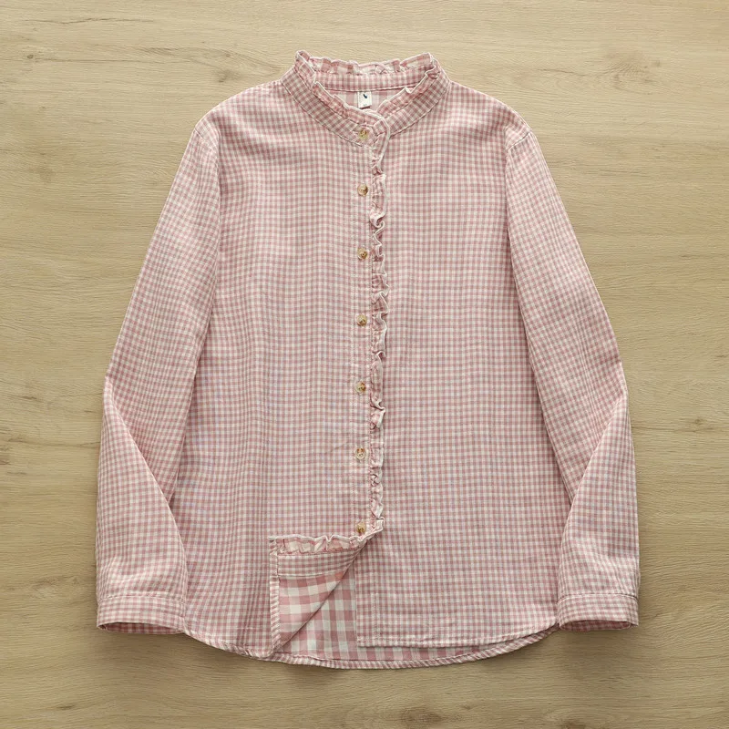 เสื้อเชิ้ตแขนยาวผ้าฝ้ายลายสก็อตแต่งระบายสไตล์โมริเกิร์ล  สำหรับผู้หญิง  รุ่นใหม่ประจำฤดูใบไม้ร่วงปี 2025  สไตล์เรียบง่าย  ใส่ได้หลายโอกาส  ทรงหลวม  รุ่น T59222CC