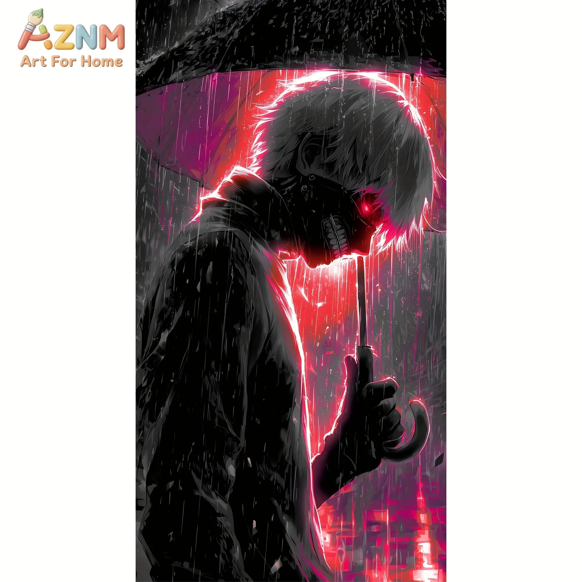 AZNM Tokyo Ghoul Kaneki Ken Red Neon Rain Anime Canvas Wall Art Unframed Painting for Home Decor