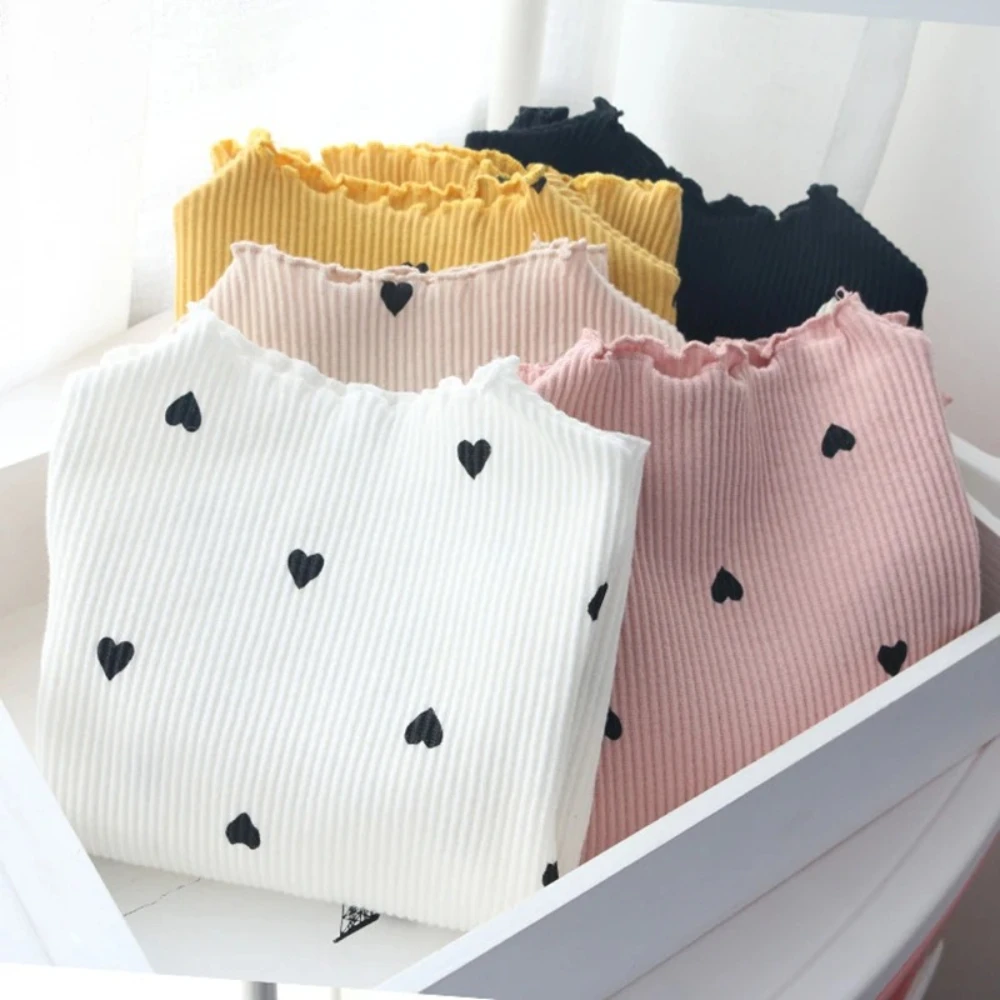 Autumn Colored Round Neck Long Sleeved Heart-shaped Printed T-shirt Basic Comfortable Base Shirt for Boys and Girls Aged 2-6