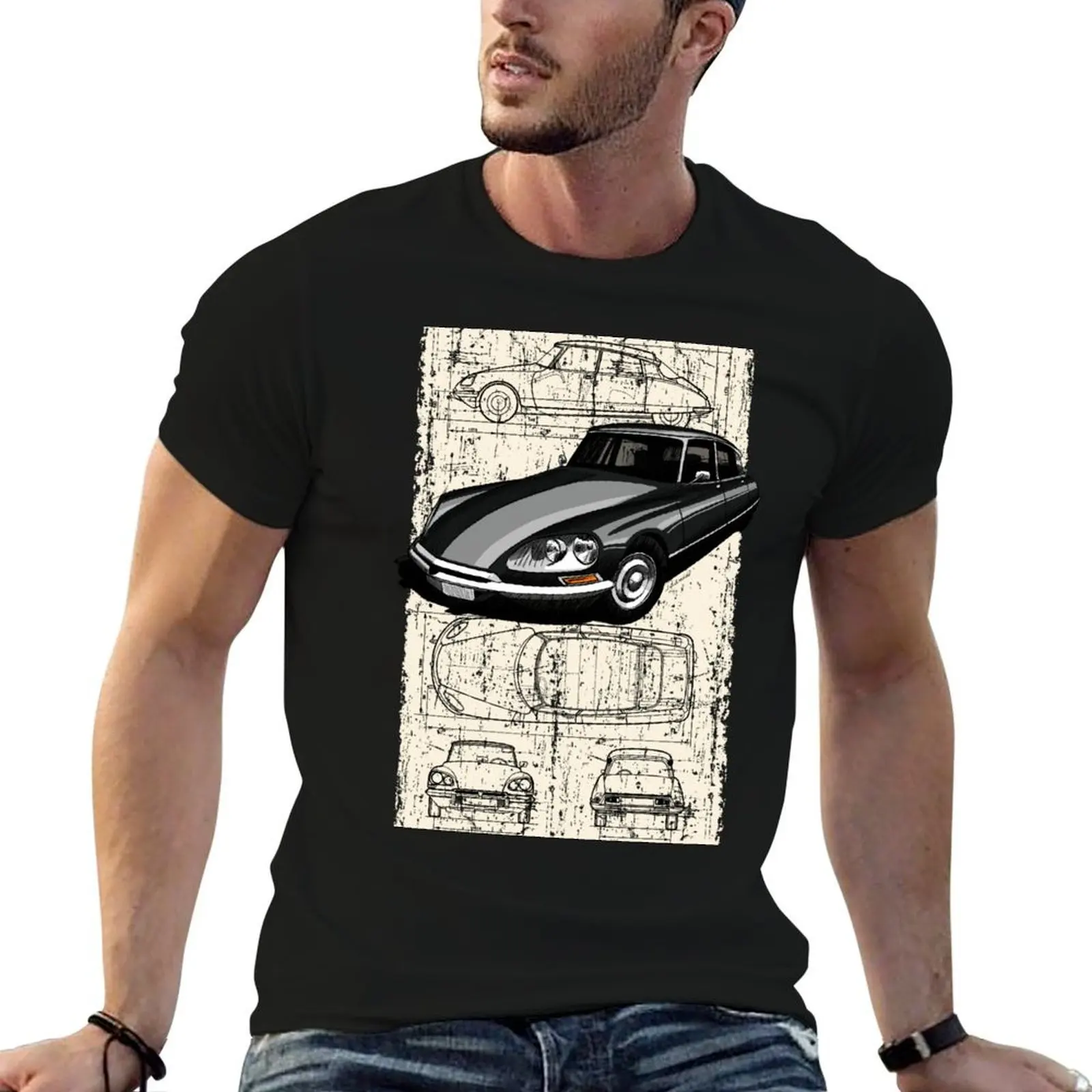 The iconic French classic car with technical drawing background T-Shirt