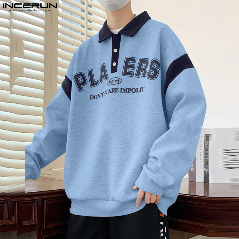 2024 Korean Style Casual Mens Letter Printed Patchwork Lapel Hoodies Fashion Male Hot Sale Long Sleeved Sweatshirts INCERUN Tops