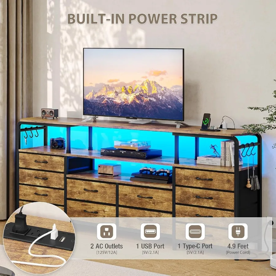 Suporte de tv para tv 65 70 polegadas, centro de entretenimento de 63 w com tomada de energia, luz led, cômoda longa com 12 gavetas de tecido para quarto