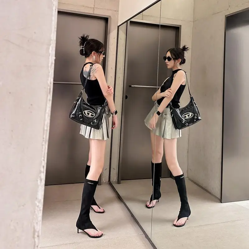 Picture 5: Summer Boots 2025 Black Open Toe Clip-On Knee Boots Women's Modern Booties Thin Low Heel Heels New Side Zip Spring Party Sandals
