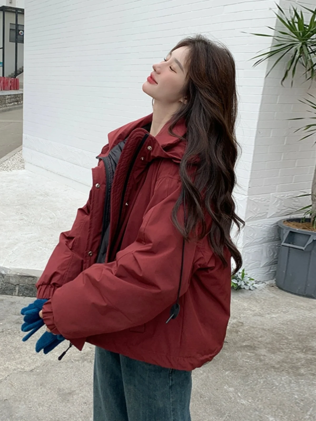 

Winter New 2025 Women's Hooded ort Thiened down Jaet Wine Red Color Commute Sle Korean Version Pure Color Zipper Closure