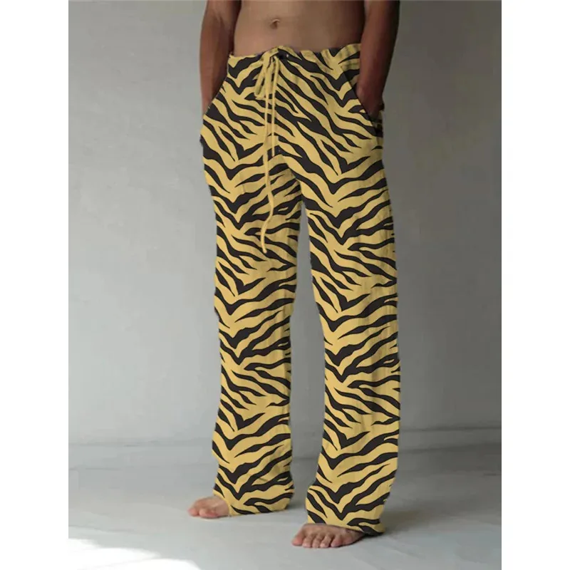 

Tiger striped 3D printed summer men's loose pants, beach pants, casual pants, drawstring pockets, comfortable straight leg pants