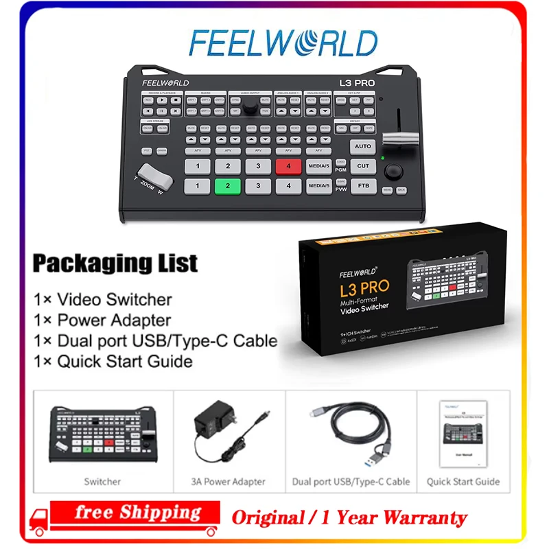 FEELWORLD L3 PRO 5 Channel Video Switcher Mixer, UVC Input, Chroma Key Green Screen, Audio Mixer FOR Esports Streaming