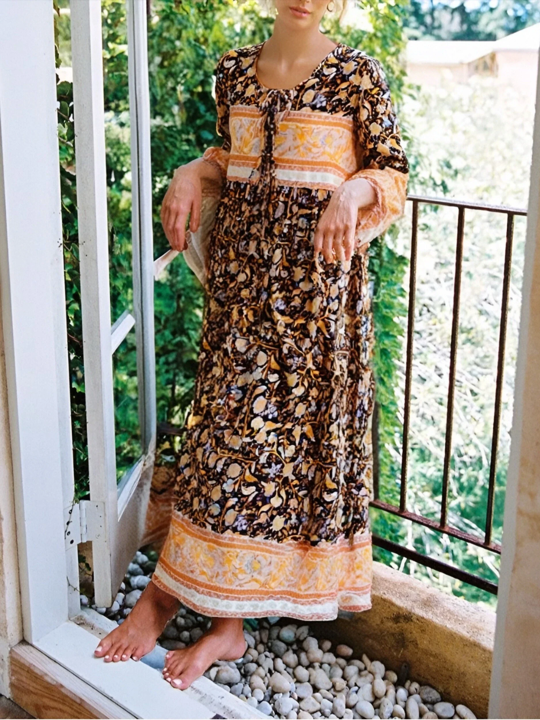 chinese dress ladies 70s Green Tan Stripe Floral Cotton Maxi Dress with Shawl