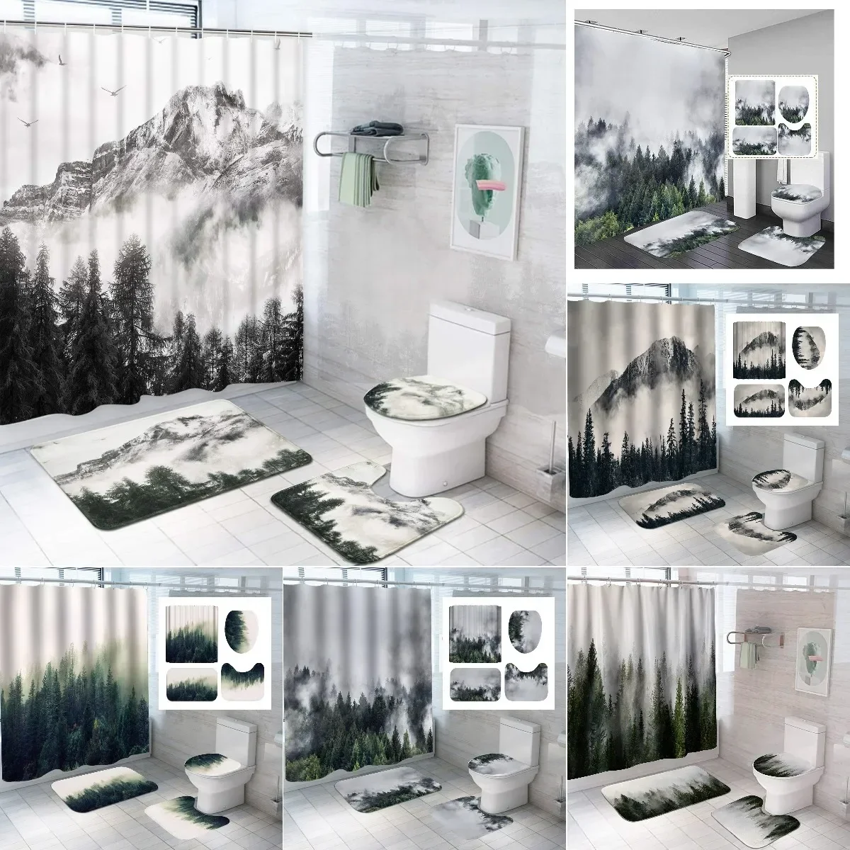 Smoky Mountain Forest Shower Curtain Set with Non-Slip Rug Toilet Lid Cover Bath Mat Foggy National Park Waterproof Bathroom