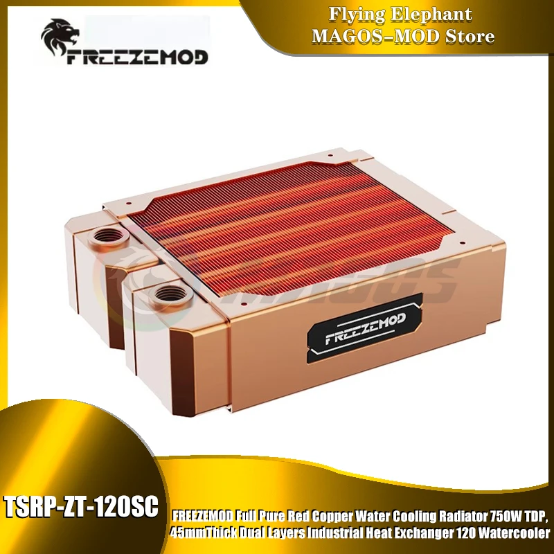 FREEZEMOD Full Pure Red Copper Radiator 750W TDP,45mm Thick Dual Layers Industrial Heat Exchanger 120mm Watercooler