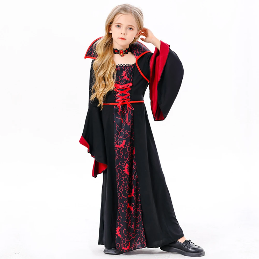 Vestido vampiro com colar para crianças, cosplay de Halloween, traje de bruxa bandage preto e vermelho, festa de carnaval para meninas, crianças