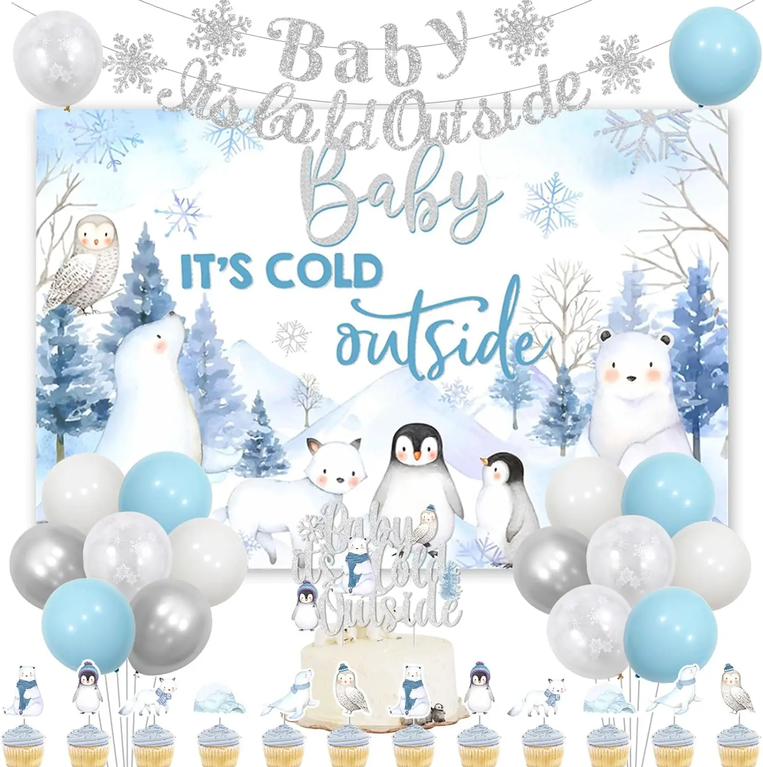 

Arctic Animals BabyShower Party Decor Baby It’s Cold Outside Banner Backdrop Snowflake Fox CakeTopper Winter Onederland Supplies