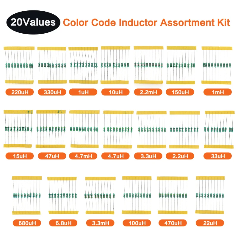 Juego surtido de inductores de 1/2W, 200 piezas, 0,5 W, inductancia de anillo de Color 1uh-4. 7mh, 20 valores x 10 piezas, Kit surtido