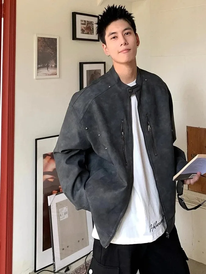 

American Dyed Leather Jaet Men's Spring Autumn Retro Cool Stand Collar Motorcycle PU Leather Jaet Loose Fit Anti-Wind