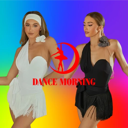 

ZYM Latin Dance Performance Clothes Irregular Tops Black White Fringe Skirt Women Club Party Cha Cha Rumba Dance Costume