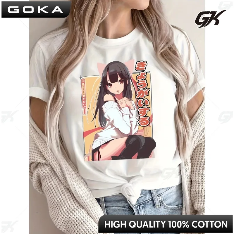 

Women's Anime Pattern Printed T-shirt with Japanese Text and Character Design White Casual Short Sleeve Round Neck Loose Top