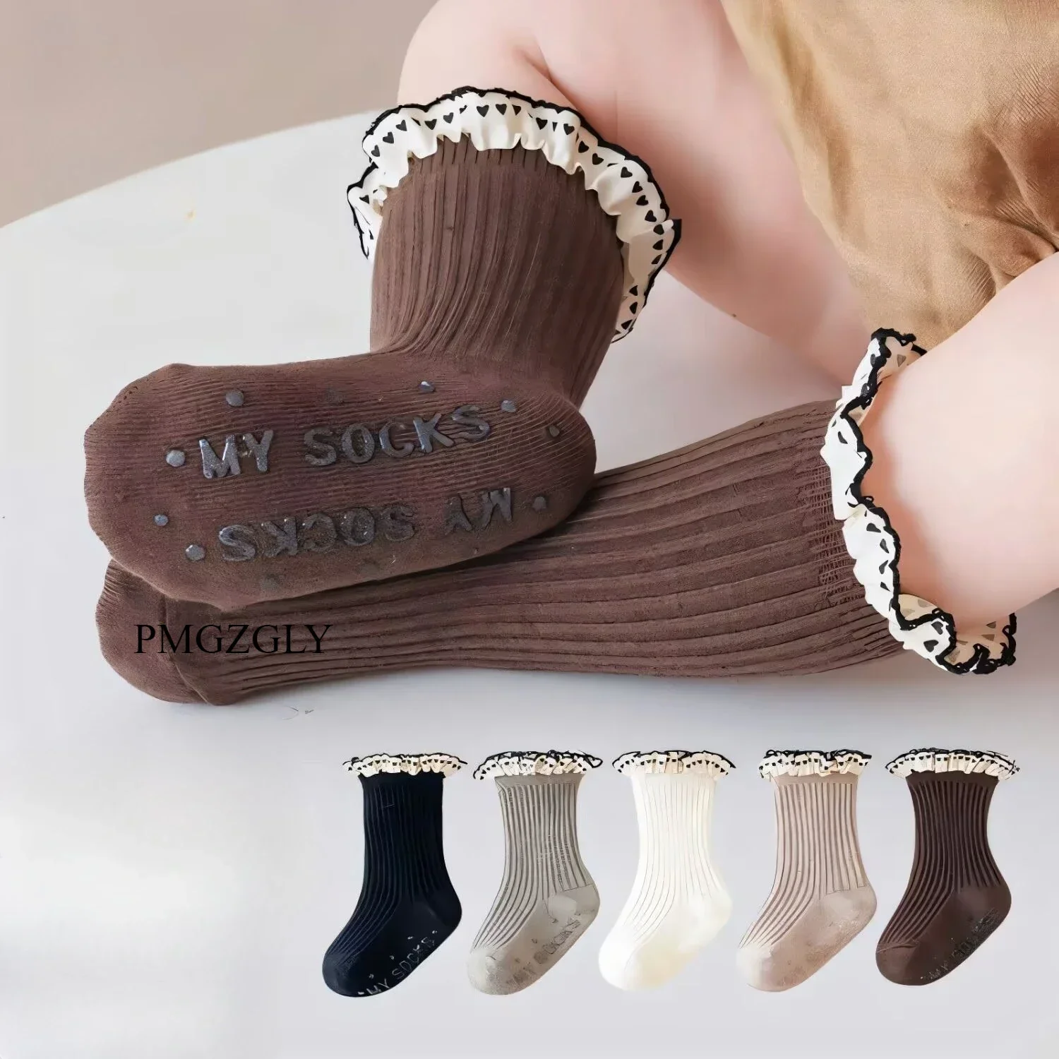 Ruffle Non-slip Floor Sock for Children Kids Girl Calf Sock Cute Princess Heart Spring Autumn Soft Cotton Sock