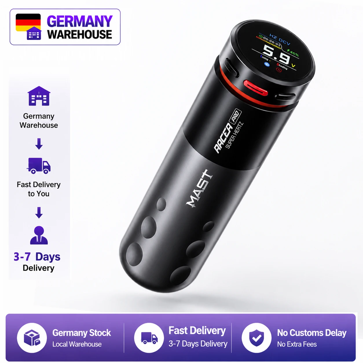 Mast Tattoo Racer Pro Kabellose Tätowiermaschine, Permanent-Make-up-Stift mit 4,2mm Hub und variabler Frequenz von 3 bis 140 Hz, geeignet für Linienarbeit und Schattierung