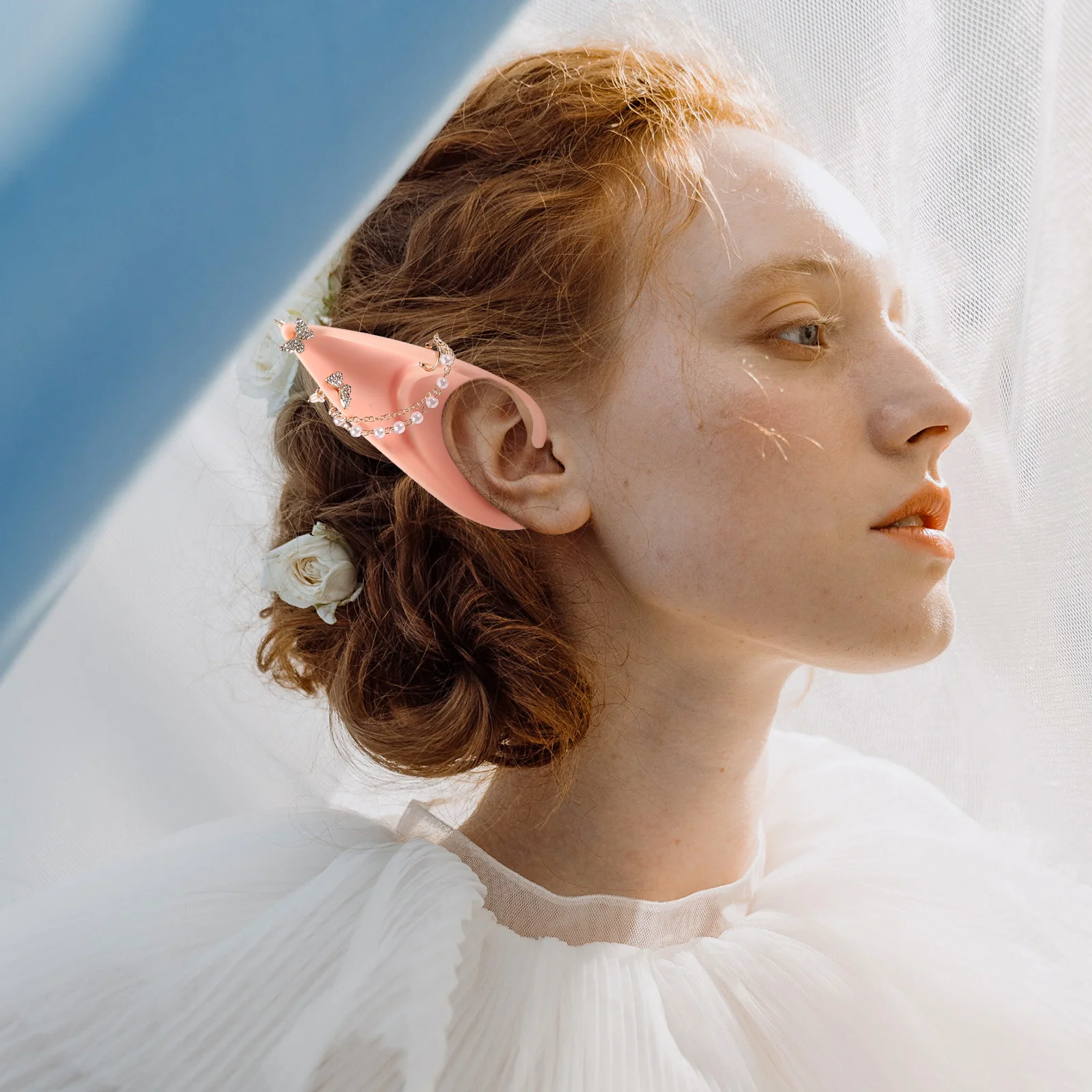 1쌍 엘프 귀 진주 체인 코스프레 무대 공연 액세서리 부드럽고 피부 친화적인 정교한 나비 장식 파티 의상