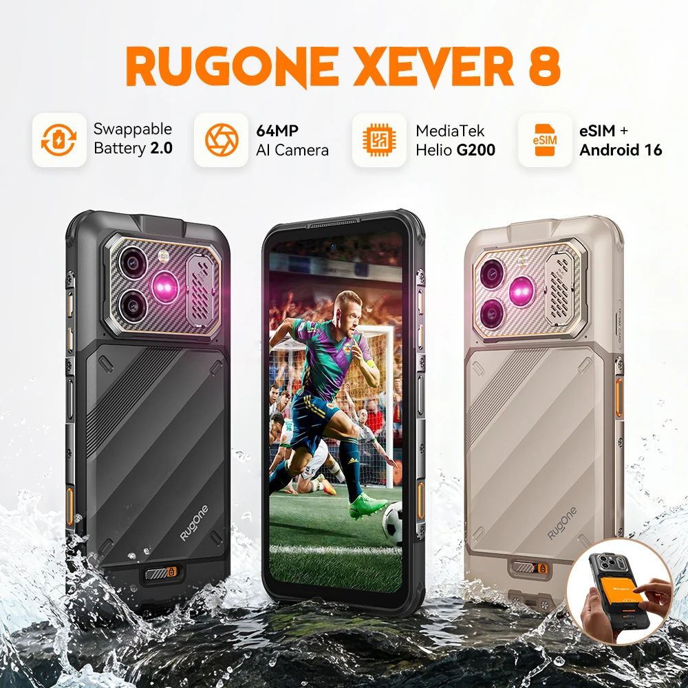 RugOne Xever 8 Rugged Phone Helio G200 16GB RAM Android 16 ESIM Removable Battery NFC Smartphone Waterproof Outdoor Mobile Phone