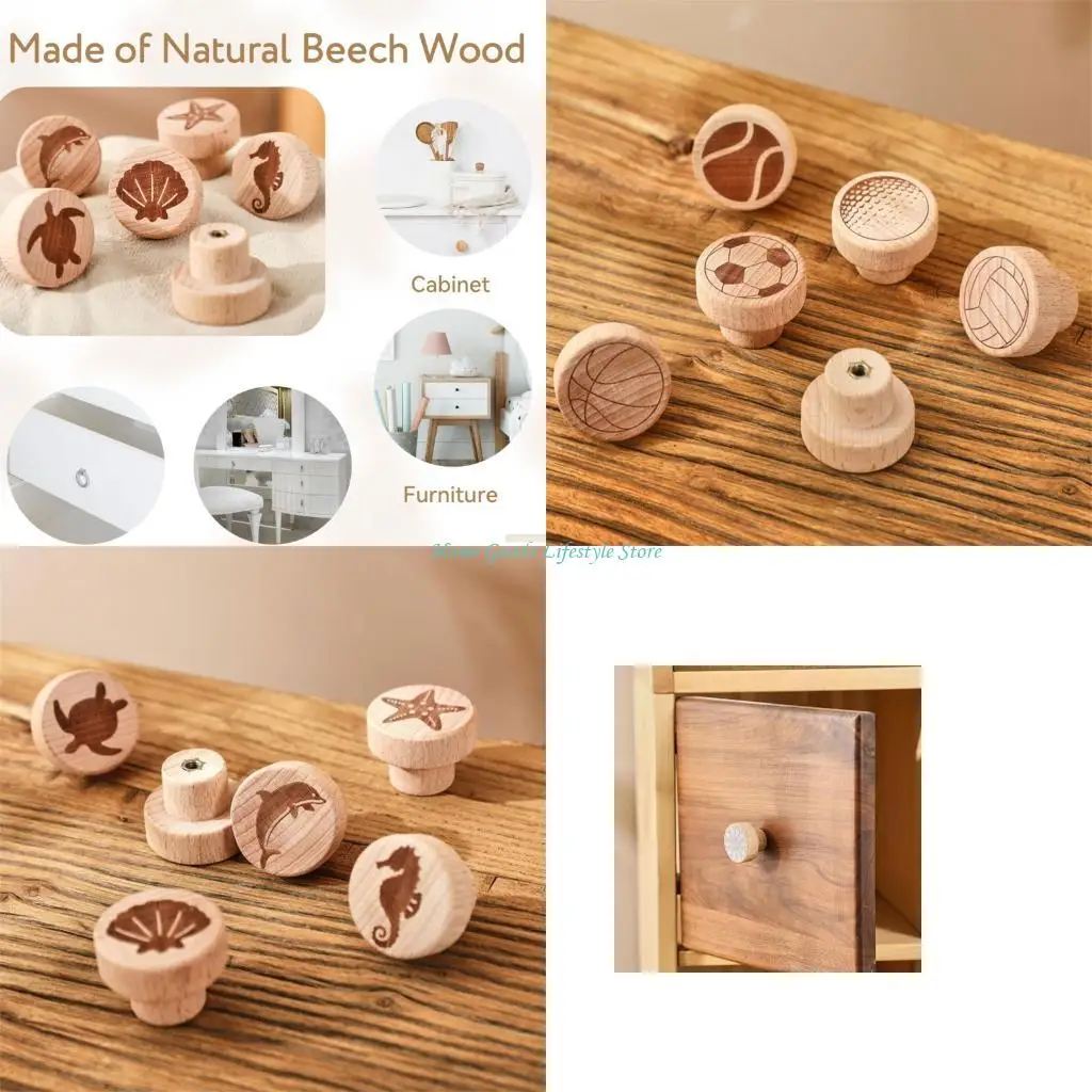 E74E Decorative Beechwood Drawer Knob Fun Animal Pattern Cabinet Handle for Modern Furniture Upgrades