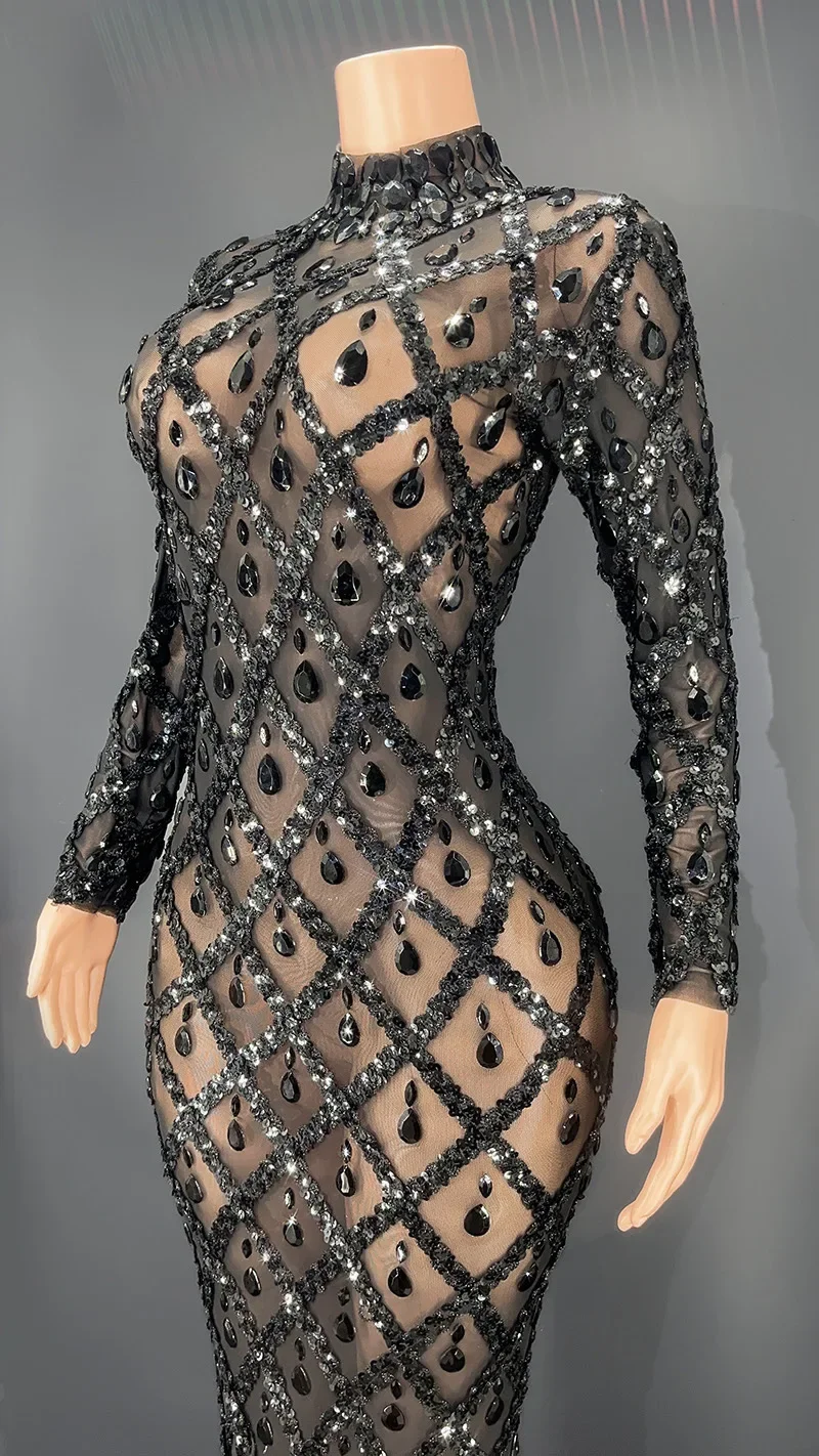 Vestido bainha com strass piscando para performance, fantasia sexy de ver através, vestido bainha para festa noturna e bar, boate e cantora, vestido preto de palco