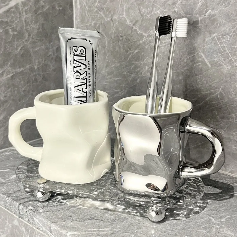 High-grade Ceramic Toothbrush Cup Couple Set Electric Silver Wash Cup with Glass Tray Rabbit Decoration Bathroom Accessories New