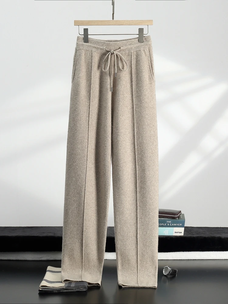 Men's Trousers Thicked Casual Pants 100% Cashmere Pants Autumn Winter Trousers Classic Straight Knit Pants Elastic Waist Lace-up