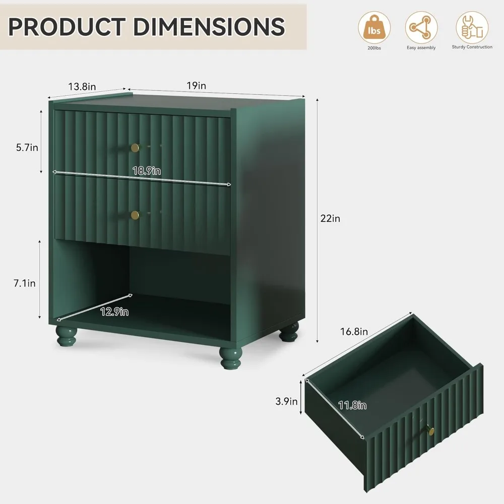 زوج من طاولات الليل الخضراء الحديثة: طاولة نهاية مخددة مع رف مفتوح ومنضدة بدرجين لغرفة النوم