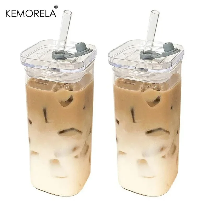 KEMORELA 1Pcs Square Heat Resistant Coffee Glass Cup With or Without Cover Straw Transparent Milk Tea Cups Coffee Mug Drinkware