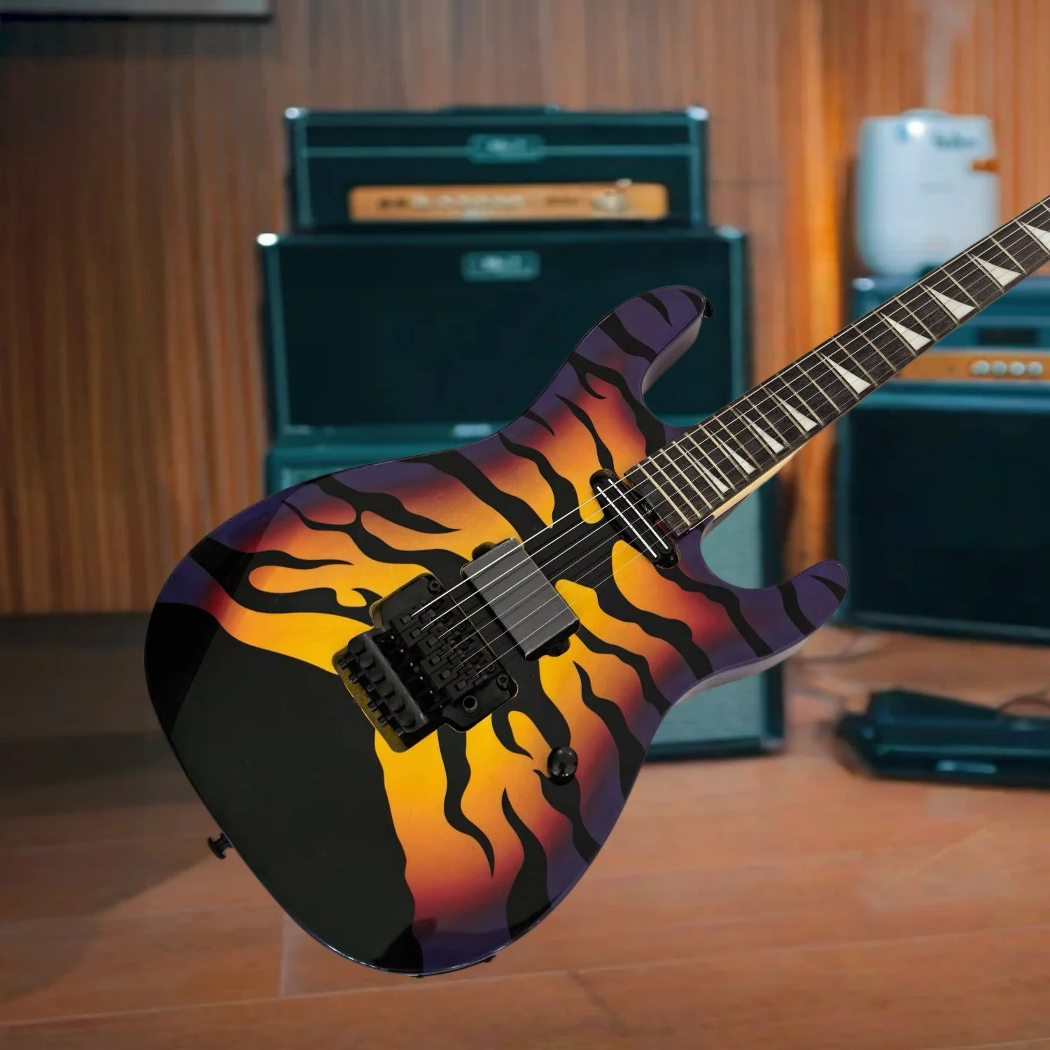 Purple Tiger Burst Electric Guitar – ESP Shape Sharktooth Inlays 22 Frets Rosewood Fretboard Double-Locking Tremolo System