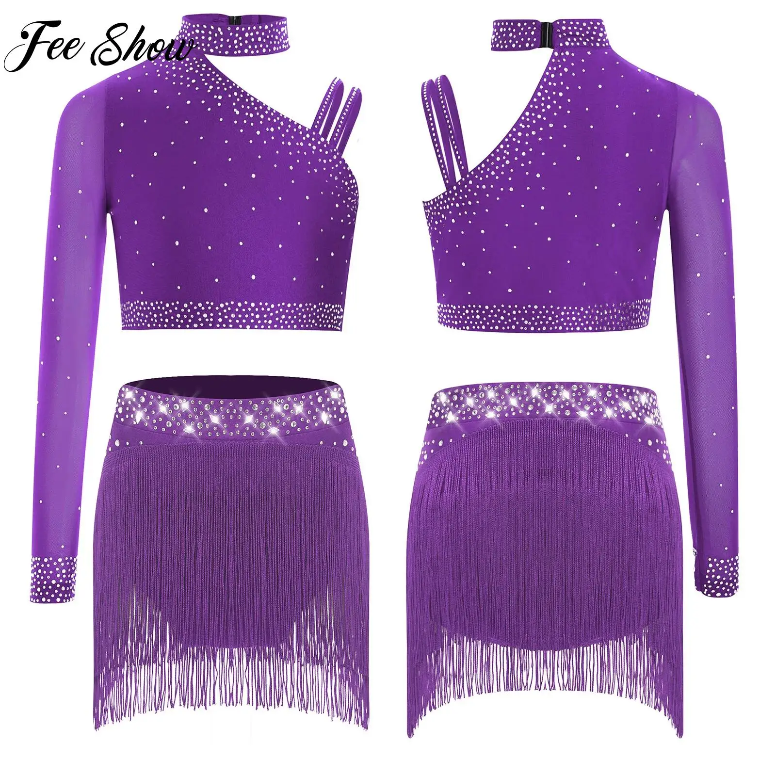 

Child Girls Gymnastics Ballet Dance Outfits Rhinestones Irregular Shoulder Crop Top with Skirts Lyrical Modern Dance Clothes