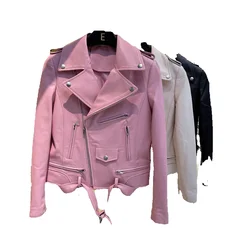 Seasonal New Women's Genuine Leather Coat Short Slimming Jacket Motorcycle Coat Trendy Pink