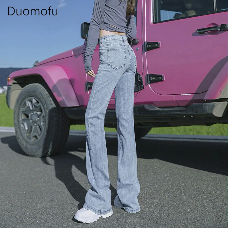 Duomofu Spring Light Blue Classic Full Length Flare Women Jeans Korean Chic Elastic High Waist Slim Fashion Simple Female Jeans