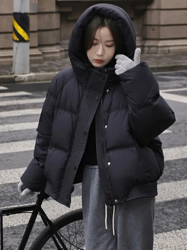 

Casual Korean Style Fashion Women's Coat Autumn Winter Zipper Pockets Solid Long Sleeve Hooded Padded Puffer Short Coats Colthes