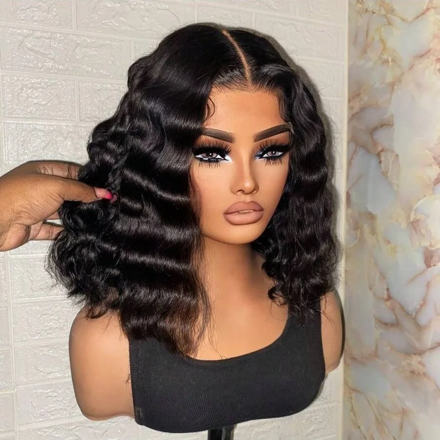 200% Peluca Bob de onda profunda corta de 14 pulgadas cabello humano prearrancado con pelo de bebé pelucas frontales de encaje 13X4 pelucas de encaje transparente HD