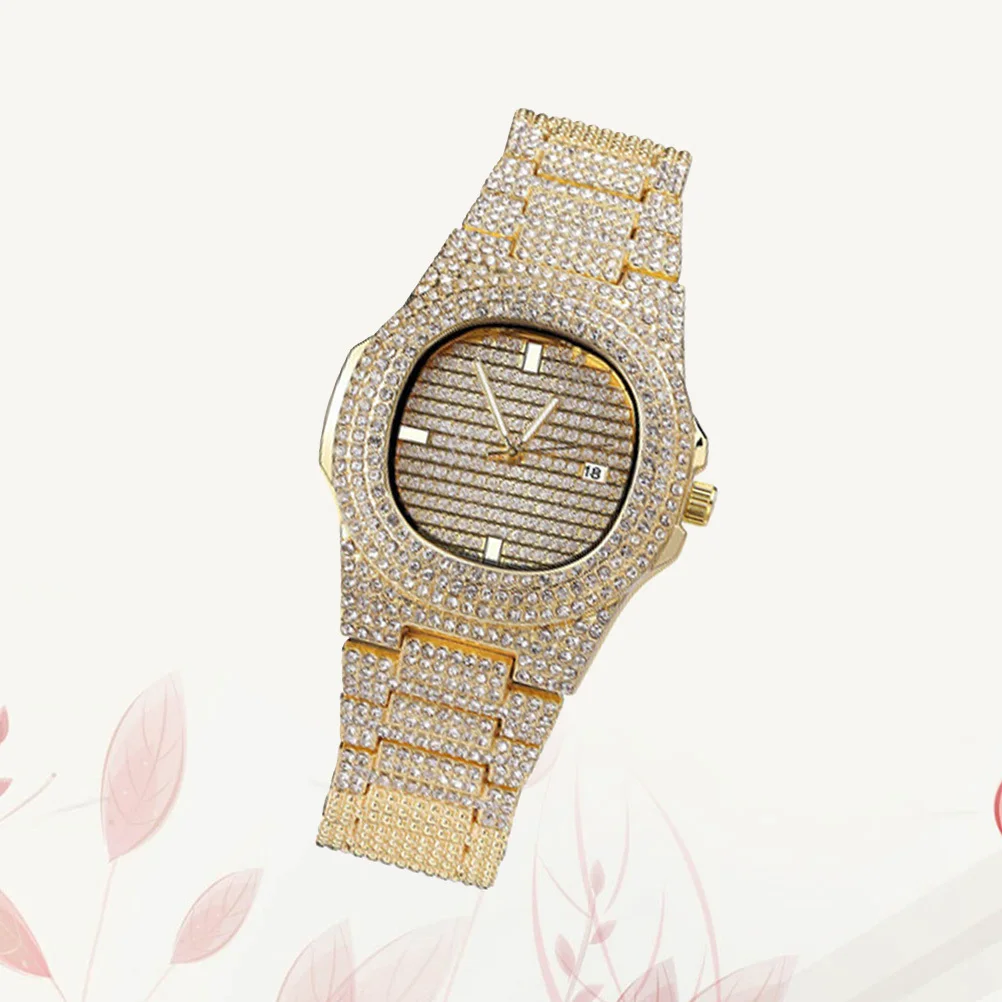 

Zircon Rhinestone Watch For Men Quartz Movement Fashion Wristwatch Golden Bracelet Durable Gift For Christmas Birthday