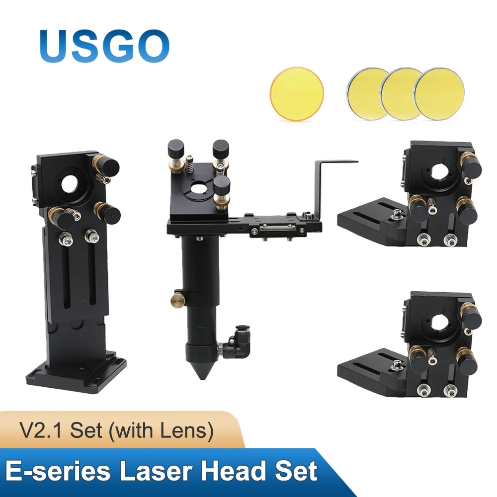 CO2 E Series Laser Head Set + 1 Pcs USA/China Focusing Lens + 3 Pcs Si / Mo Mirrors for Engraver Cutting Machine Parts