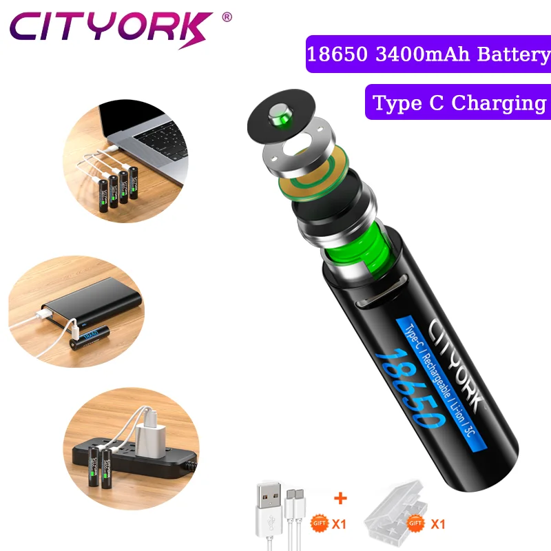 CITYORK 18650 Rechargeable Battery 3400mAh 3.7V Type C Battery for Led flashlights Headlights doorbells Intelligent door locks