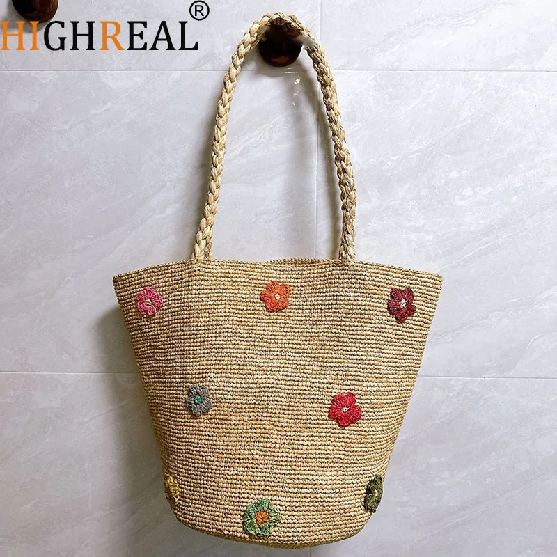 

Fashion High Quality Handmade Luxury Flower Raffia Straw Handbag For Women Summer Vacation Beach Bag Shoulder Bag