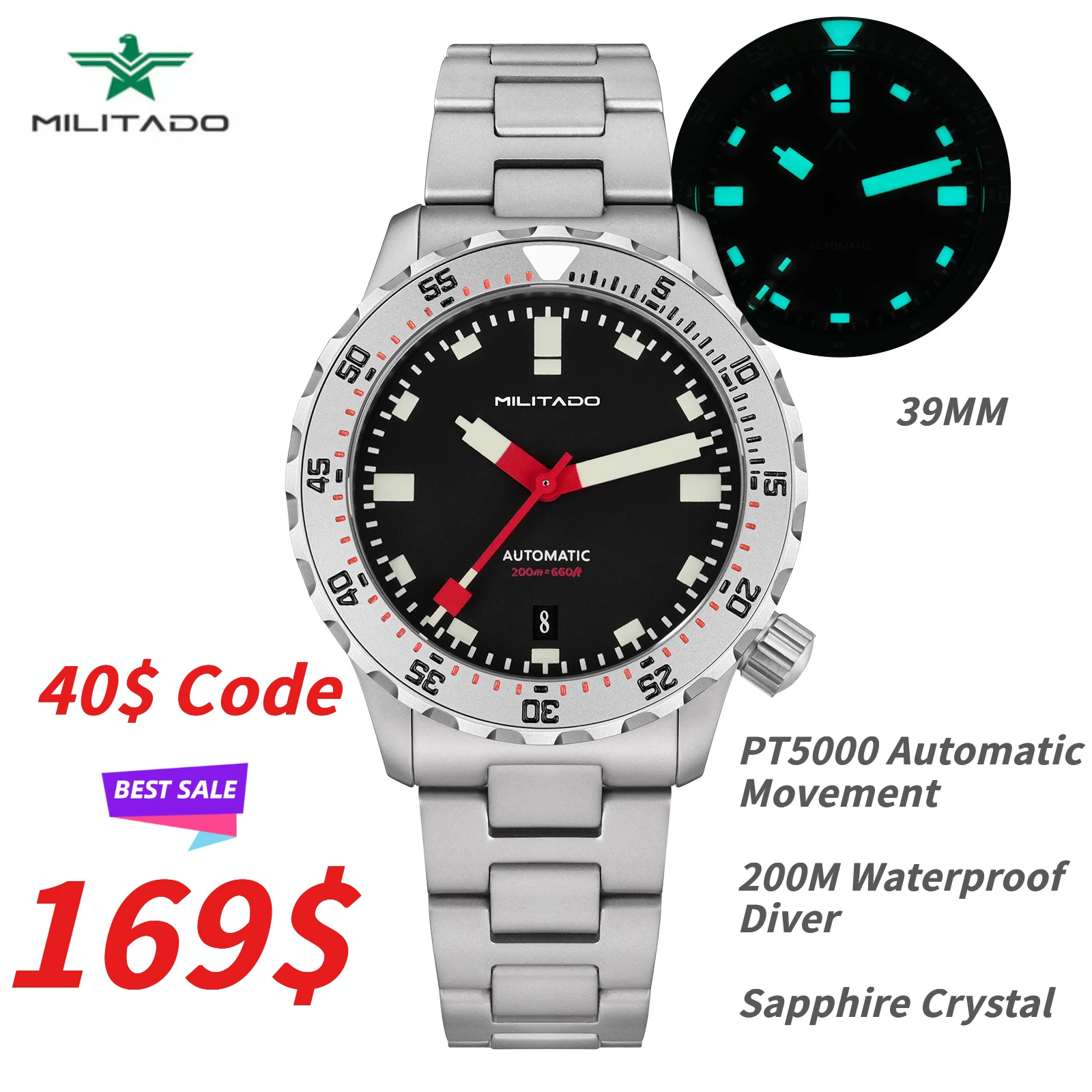 Reloj de buceo automático MILITADO ML20, 39mm, PT5000, zafiro mecánico, 200m, resistente al agua, PVD BGW9, pulsera de acero Lume, relojes para hombre