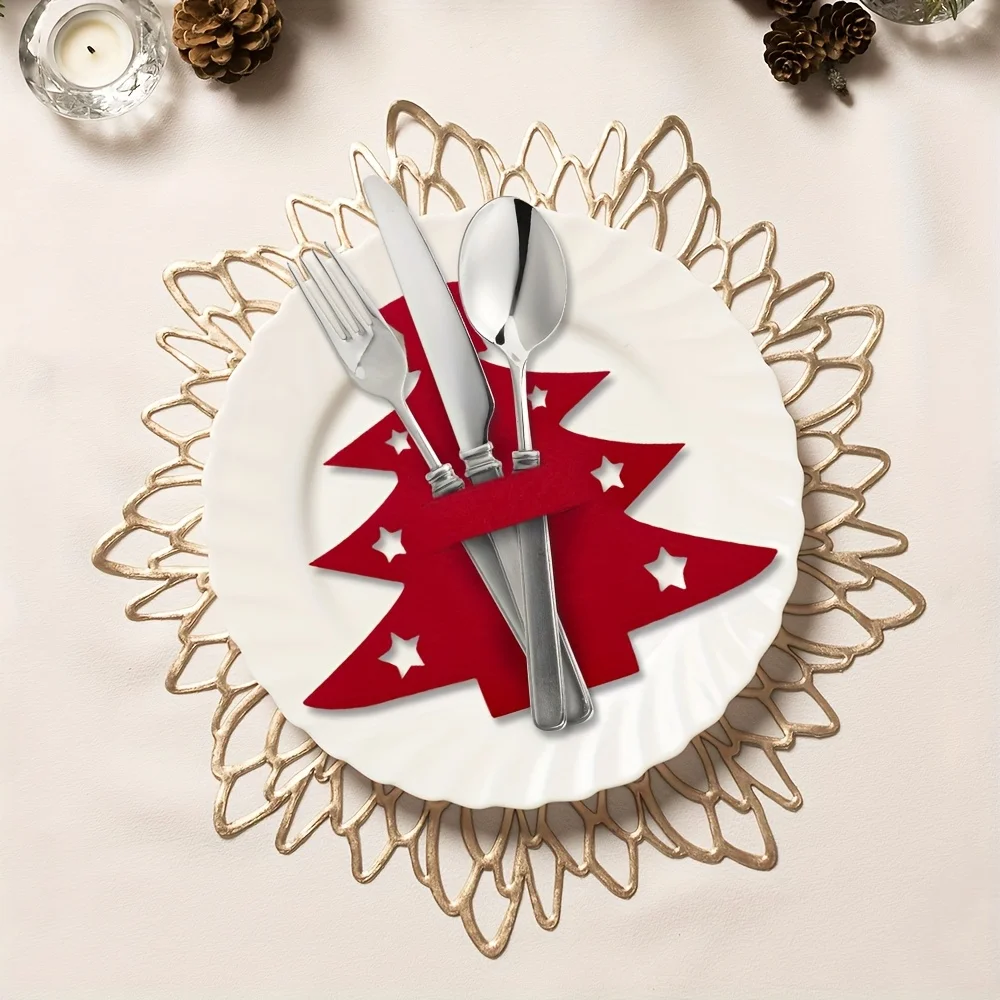 12 قطعة، مفارش شجرة عيد الميلاد، مجموعة حقائب شوكة وملعقة اللباد، مناسبة لتزيين طاولات حفلات العطلات الأخرى